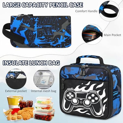 School Backpack for Boys - 4pcs Gamer Boys Backpack with Lunch Box Set for Kids Teens Elementary Middle High School,18″ Large Capacity Students Bookbag with Usb Charging Port & Key-chain - color: Blue-game03-set