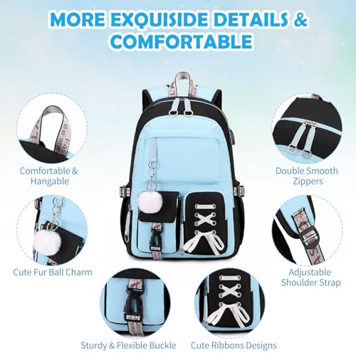 ACESAK 3PCS Teen Girls Backpack with Lunch Bag Set&USB Charging Port,Blue - color: Black & Blue