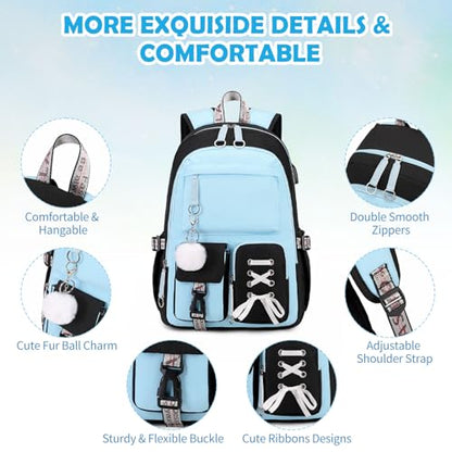 ACESAK 3PCS Teen Girls Backpack with Lunch Bag Set&USB Charging Port,Blue - color: Black & Blue