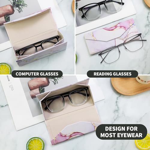 Foldable Glasses Case, Magnetic PU Leahter Sunglasses Case, Cute Hard Shell Folding Eyeglass Cases for Women Kids - color: Pink+gold Marble