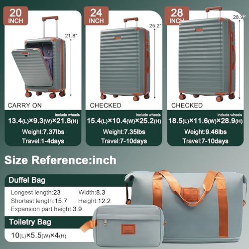 5 Piece Luggage Set, Front Opening Expandable ABS Suitcase with USB Port TSA Lock, 20/24/28 Inch Carry On Luggage Set with Toiletry Bag & Attachable Duffel Bag, Grey Green - color: N + Grey Green