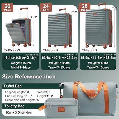 5 Piece Luggage Set, Front Opening Expandable ABS Suitcase with USB Port TSA Lock, 20/24/28 Inch Carry On Luggage Set with Toiletry Bag & Attachable Duffel Bag, Grey Green - color: N + Grey Green