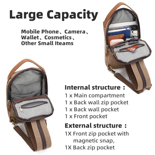 KL928 Canvas Sling Bag for Men Women, Casual Crossbody Backpack Travel Shoulder Daypacks Rucksack - color: Brown