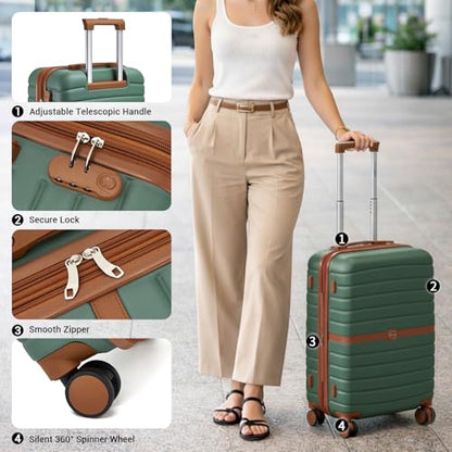 Kono Expandable 3 Piece Luggage Sets with Spinner Wheels, Green/Brown - color: Green/Brown, size: 3 Piece Set (20/24/28)