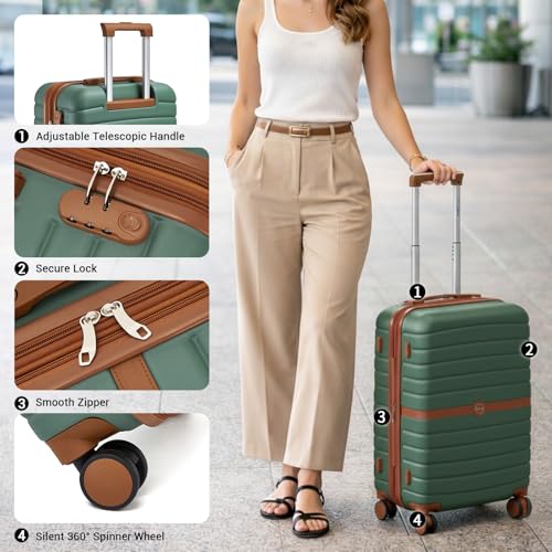 Kono Expandable 28 Inch Luggage with Spinner Wheels, Large Checked Luggage with Lock, Lightweight & Anti-Scratch PC+ABS Hardshell Travel Suitcase, Green/Brown - color: Green/Brown, size: Checked-large 28-inch