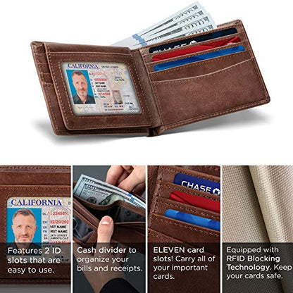 2 ID Window RFID Blocking Wallets for Men, Full Grain Leather Mens Bifold - color: Morning Roast Executive