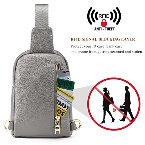 S-ZONE Genuine Leather RFID Blocking Small Sling Bag Women Crossbody Fanny Packs - color: Grey, size: Small