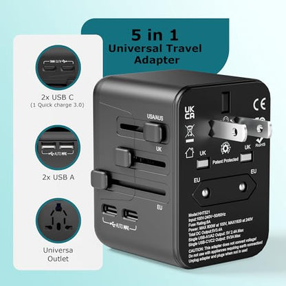 Universal Travel Adapter, International Power Plug with 2 USB-C & 2 USB-A Ports, Worldwide Wall Charger for Europe, UK, US, AU, Fast Charging for iPhone 15/Pro, Samsung (Black)
