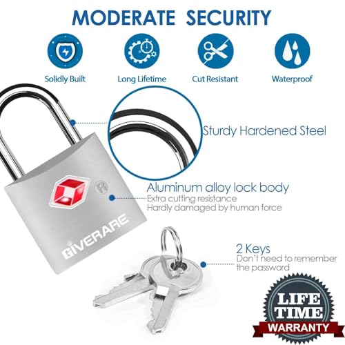 4 Pack TSA Approved Travel Luggage Locks with Keys, Aluminum Alloy Keyed Padlock, Small Metal Suitcase Lock, Weatherproof Padlocks for Backpack, Gym Locker, Bag, Case, Jewelry Box, Anti Theft-Silver