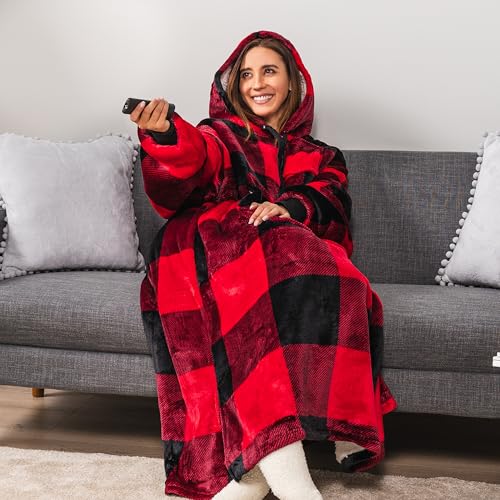 PAVILIA Blanket Hoodie for Women Red, Sherpa Wearable Blanket Men, Cozy Oversized Sweatshirt Blanket, Warm Fleece Hooded Blanket Sweater with Sleeves and Giant Pocket, Adult Long, Plaid Red - color: Plaid Red
