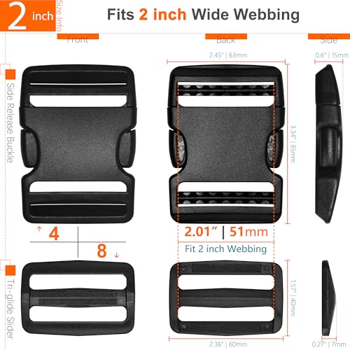 2" Straps and Buckles Set: 6 Yard Nylon Webbing 2 inch (50 mm) Wide, 4 Pack Side Release Buckle, 8 pcs Tri-Glide Sliders, Plastic Clip Quick Fasteners Replacement Heavy Duty Dual Adjustable No Sew - size: 2" x 6 yd Strap + 4 pack Buckles