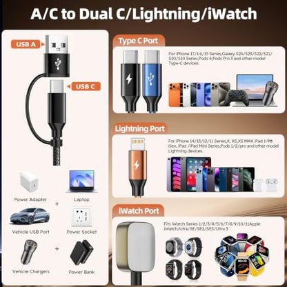Cruise Essentials 2026, 4 in 2 Multi Charging Cable for Apple Watch Charger - color: Black&Blue&Coffee, size: AC to 2C+L+iWatch