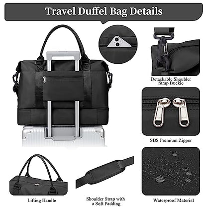 Weekender Bags for Women, Personal Item Travel Bag with Shoes Compartment - color: Black, size: Large