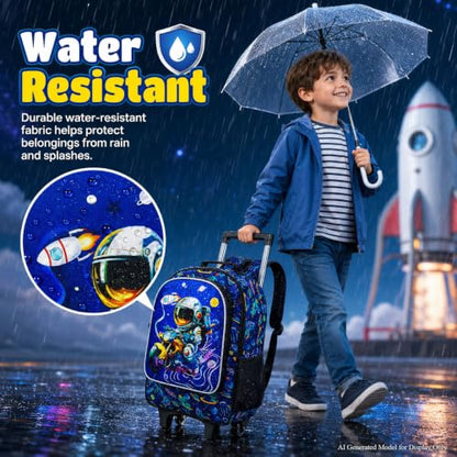 3PCS Rolling Backpack for Girls Boys, Kids Roller Wheeled Bookbag with Lunch Box, Backpacks with Wheels for Elementary - color: Astronaut Blue
