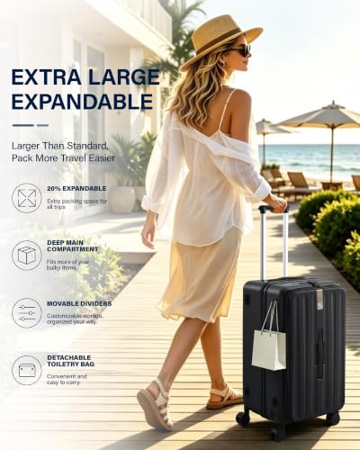 Hanke 28 Inch Top Opening Expandable Extra Large Luggage With TSA Lock，114L - color: Jet Black, size: 28 Inch