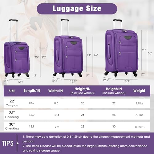 Merax Softside Luggage Set,5 Piece Expandable Suitcase Set.Purple - color: Purple, size: soft luggage(22/26/30)