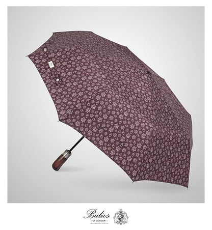 Balios Folding Umbrella Real Wood Handle Auto Open Close - color: Maple Leaves Red Plum