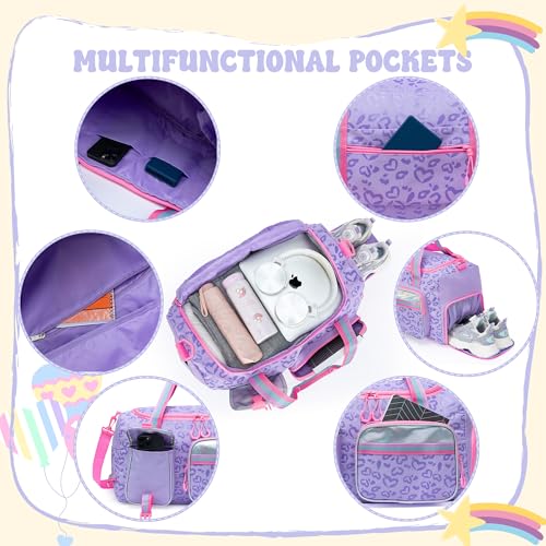 Girls Rolling Duffel Bag with Wheels - Travel Bag for Kids, Overnight, Dance & Gym Use with Shoe Compartment - color: Purple Love