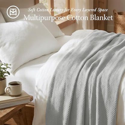 Threadmill Luxury 100% Cotton King Herringbone Blanket, Light Grey - color: Light Grey, size: King (106" x 92")