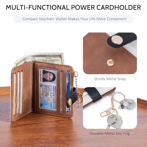 POIUGOYA Slim Wallet for Women RFID Card Holder Keychain - color: Black/White/Brown