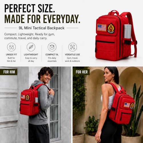 9L Mini Tactical Backpack, Small Hiking Travel Pack for Men,Red - color: Red