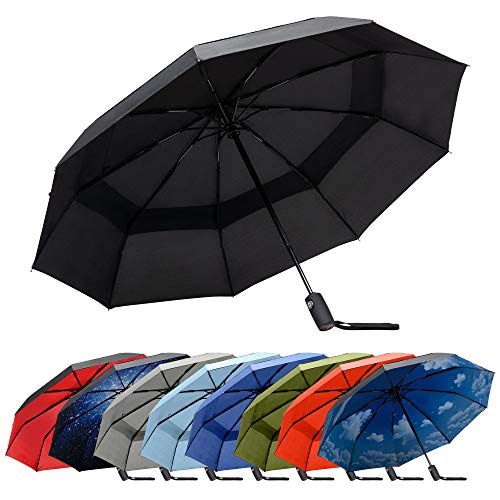 RainPlus Windproof Travel Umbrella - Compact, Automatic, Folding and Portable - Umbrellas For Rain for Men and Women - Car, Backpack, Purse, Strong & Wind Resistant - color: Black