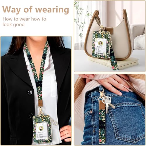 2-in-1 ID Badge Holder & Lanyard Wallet Cute Women Leather Zip ID Case Wallet with Breakaway Wrist Neck Lanyard, Clear Window, 5 Card Slots, Ring Keychain for Worker Teacher Floral Halloween Black Cat - color: Flower Black Cat