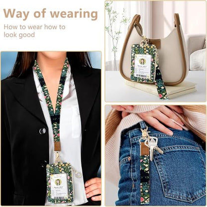 2-in-1 ID Badge Holder & Lanyard Wallet Cute Women Leather Zip ID Case Wallet with Breakaway Wrist Neck Lanyard, Clear Window, 5 Card Slots, Ring Keychain for Worker Teacher Floral Halloween Black Cat - color: Flower Black Cat