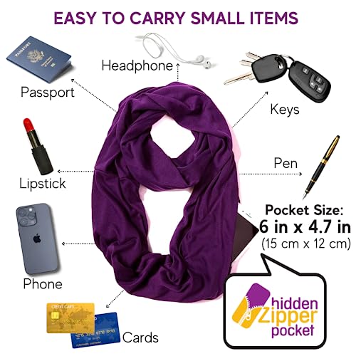 elzama Infinity Loop Solid Color Scarf With Hidden Zipper Pocket For Women - Lightweight Travel Neck Wrap - color: 05-dark Purple
