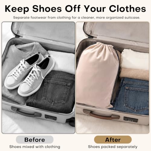 4 Pack Flannel Cloth Shoe Bags for Travel & Packing for Women & Men - color: Camel Beige