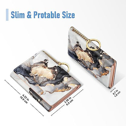 Rouidr Womens Wallet, Small Slim RFID Card Wallets for Women, Cute Front Pocket Trifold Leather Card Organizer with 7 Slots & ID Window, Black Gray Gold Marble - color: Black Gray Gold Marble