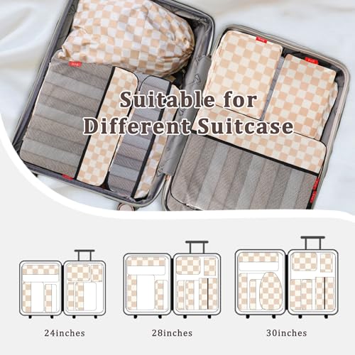 U+U 10 Set Compression Packing Cubes, Travel Organizers (Khaki Checkered) - color: Khaki Checkered, size: 10 Set