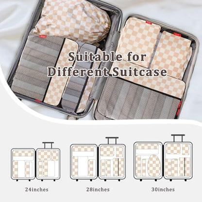 U+U 10 Set Compression Packing Cubes, Travel Organizers (Khaki Checkered) - color: Khaki Checkered, size: 10 Set