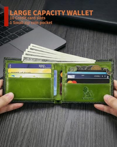 Men's Cowhide Leather RFID Wallet, Slim Bifold (Green) - color: Green