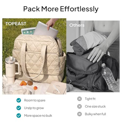 TOPEAST Duffel Bag for Women Travel, Expandable Quilted Duffle Weekender Overnight Bag with Adjustable Strap, Lightweight 33L Personal Item Bag Carry On for Gym Hospital - color: Camel
