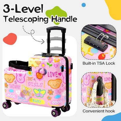 20" Kids Ride On Suitcase, Lightweight Hardshell Travel Luggage with Wheels - color: Candy Garden Pink