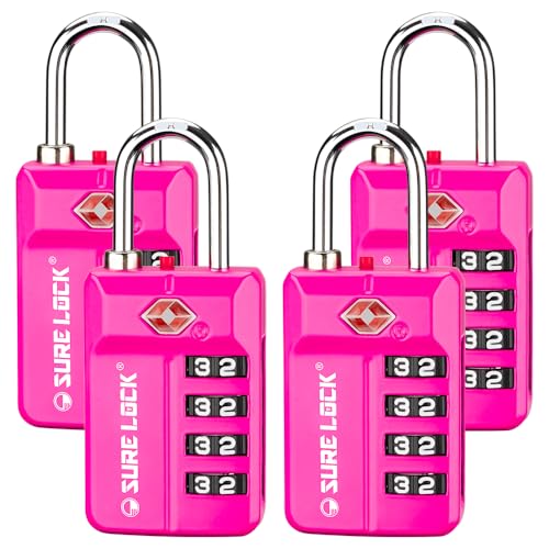 SURE LOCK TSA-Approved 4-Digit Resettable Combination Lock with Open Alert, Easy-Read Dials - for Luggage, School Lockers, Gym, Office, Toolbox & Security Cases (Pink 4 Pack) - color: 17021PINK 4PACK