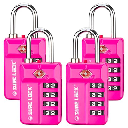 SURE LOCK TSA-Approved 4-Digit Resettable Combination Lock with Open Alert, Easy-Read Dials - for Luggage, School Lockers, Gym, Office, Toolbox & Security Cases (Pink 4 Pack) - color: 17021PINK 4PACK