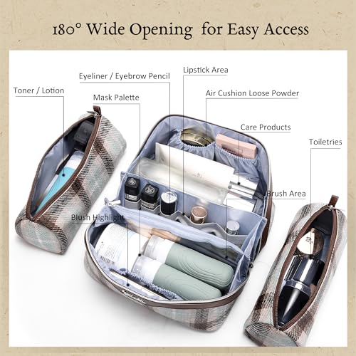 BOYATU Travel Makeup Bag for Women: 3 Pcs Set Scottish Plaid Make up Bag - color: E-3-Beige