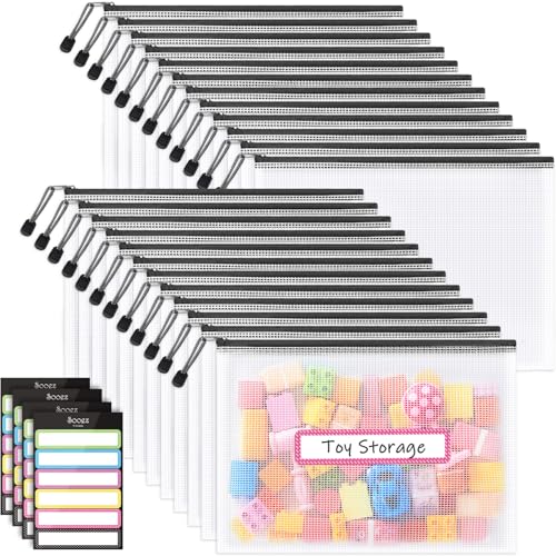 Sooez 24 Pack Mesh Zipper Pouch with Sticky Labels, A4 Mesh Bags Organizer - color: Black, size: 24Pack