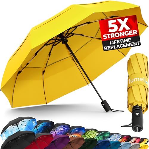 TUMELLA Strongest Windproof Travel Umbrella (Compact, 100MPH Wind-Tested), Light, Portable, One-Handed Use, Automatic Folding Rain Umbrella, Durable, Premium Grip, Fits Car & Backpack - color: 1-pack Yellow
