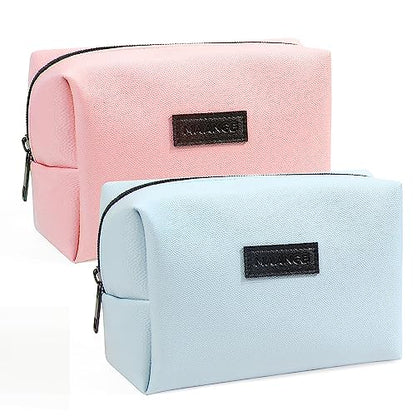 MAANGE 2 Pcs Small Makeup Bag For Purse, Travel Cosmetic Bag Makeup Pouch PU Leather Portable Versatile Zipper Pouch For Women (Pink+Blue) - color: PINK+BLUE