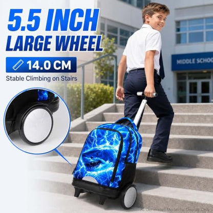 20 Inches Large Wheels Rolling Backpack for Boys with Detachable, 3Pcs Kids Lightning Shark Wheeled Backpack Set for Elementary School (Blue) - color: Lightning Shark (Large Wheels)
