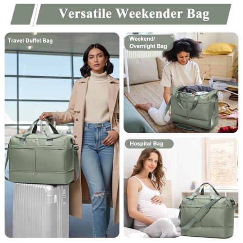 Travel Duffel Bag with Shoe Compartment,Overnight Weekender Bags for Women - color: Green