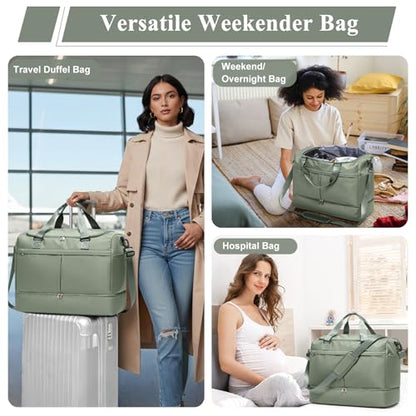 Travel Duffel Bag with Shoe Compartment,Overnight Weekender Bags for Women - color: Green