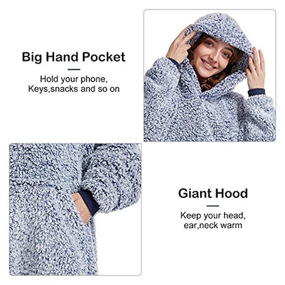 Cozy Sherpa Wearable Snuggle Blanket Hoodie for Adults Women Men Kids Gift Idea，Oversized Blanket Sweatshirt，Super Warm Light Weight, Blue - color: Blue, size: Oversize