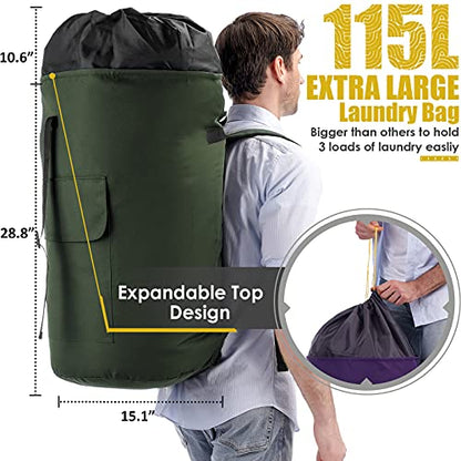 Backpack Laundry Bag, 115L Heavy Duty Extra Large College Laundry Backpack, Dirty Clothes Bag with Shoulder Straps, Laundry Hamper Bag with Drawstring Closure for College Dorm, Apartment Army Green - color: Army Green