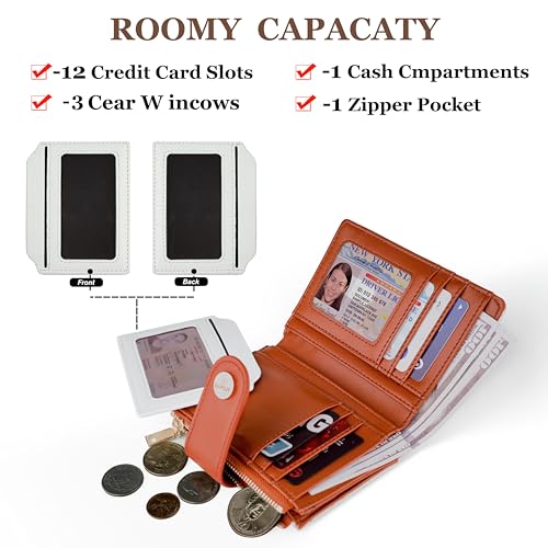 Small Womens RFID Bifold Wallet,Compact Leather Card Holder - color: Beige＆Brown