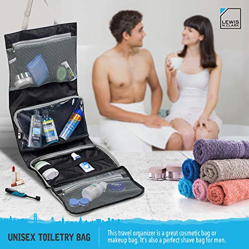 Lewis N. Clark Hanging Toiletry Bag for Travel Accessories, Shampoo, Cosmetics + Personal Items with Waterproof Compartment and Folding Design, Black