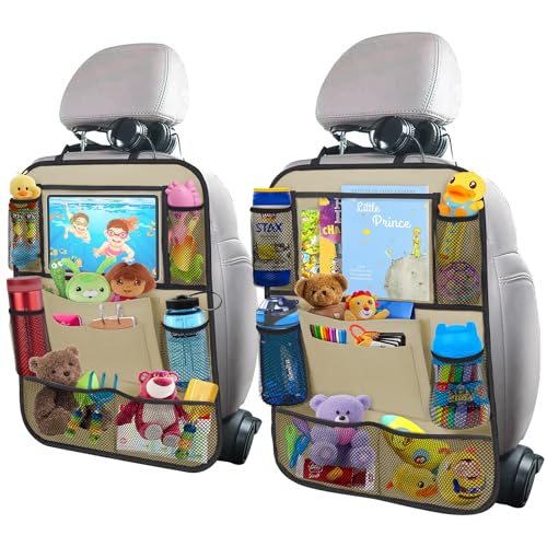 Backseat Car Organizer w/ 10 Storage Pockets 11" Tablet Holder, 2 PCS Beige - color: Beige